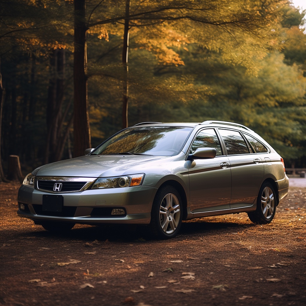 Prompt: Honda Accord Touring at campsite where the morning sun shine, wind, windy, shot on a Sony DSLR, 50mm lens f/ 2. 8, ultra detailed, - - v 5